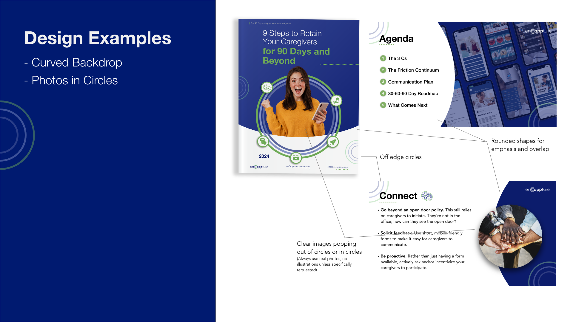 A presentation slide showing design examples with a blue background, available on the left, and a page from a booklet with a woman holding a phone on the right. The booklet page details steps for retaining caregivers, a numbered agenda, and a circula