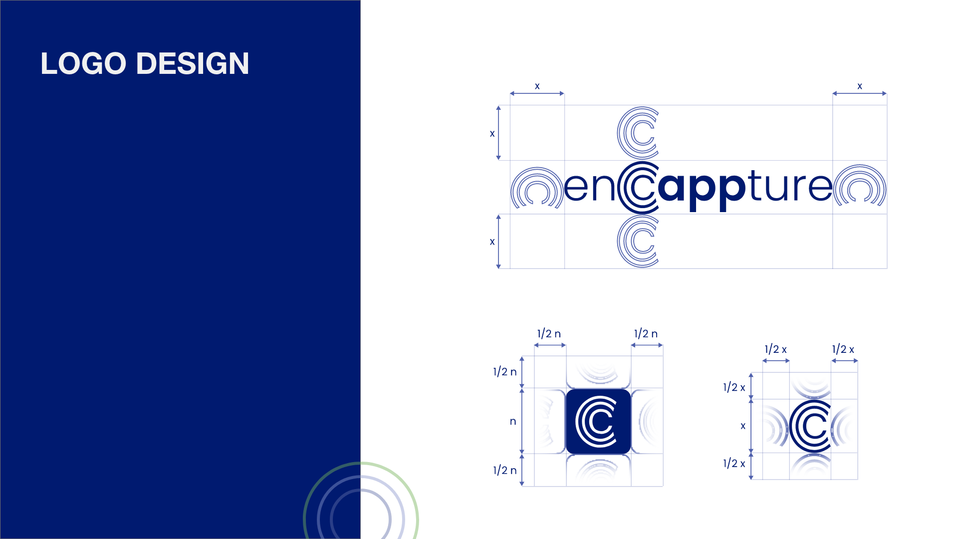 A logo design layout with the text 'encapture' in a stylized font, accompanied by graphic guides and measurements showing proportions and spacing for the logo's elements.