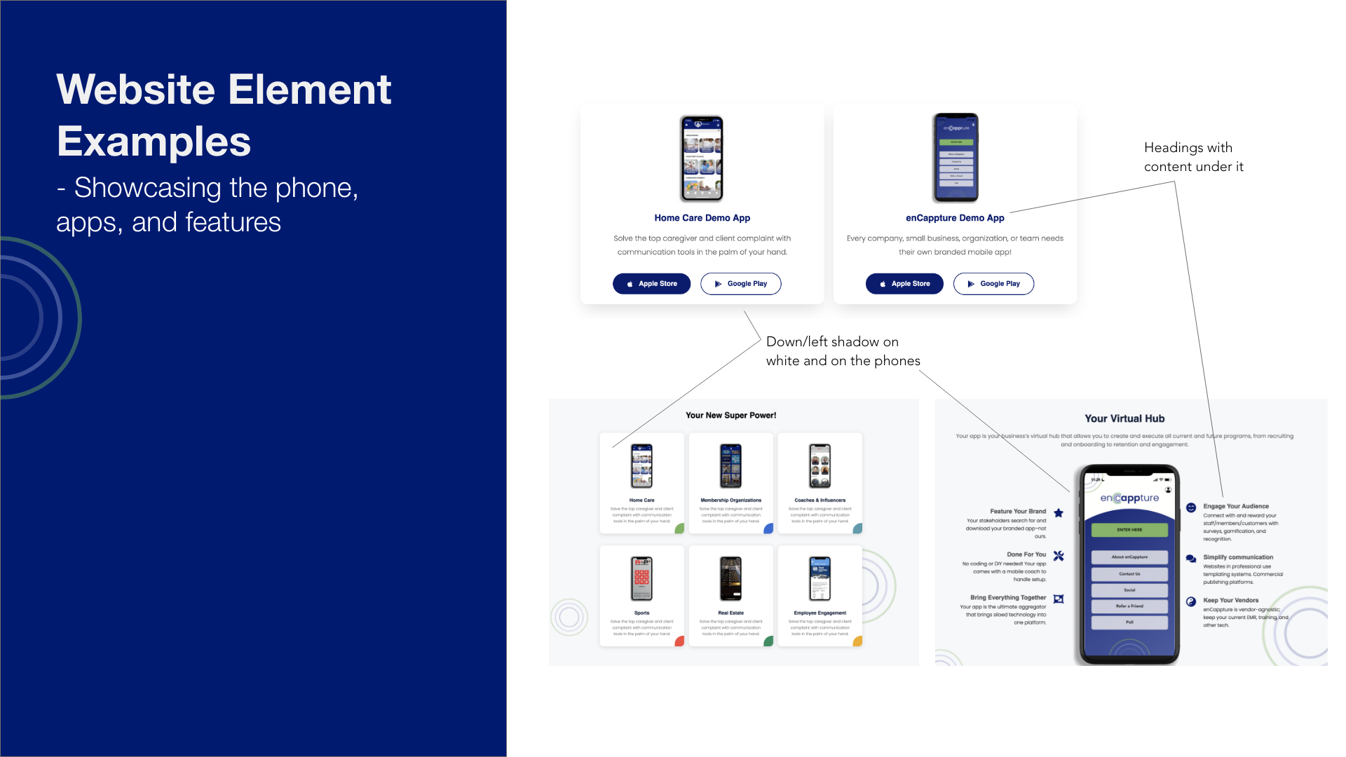 A detailed presentation slide showing website element examples for mobile apps, with sections on app features, icons, and descriptions.