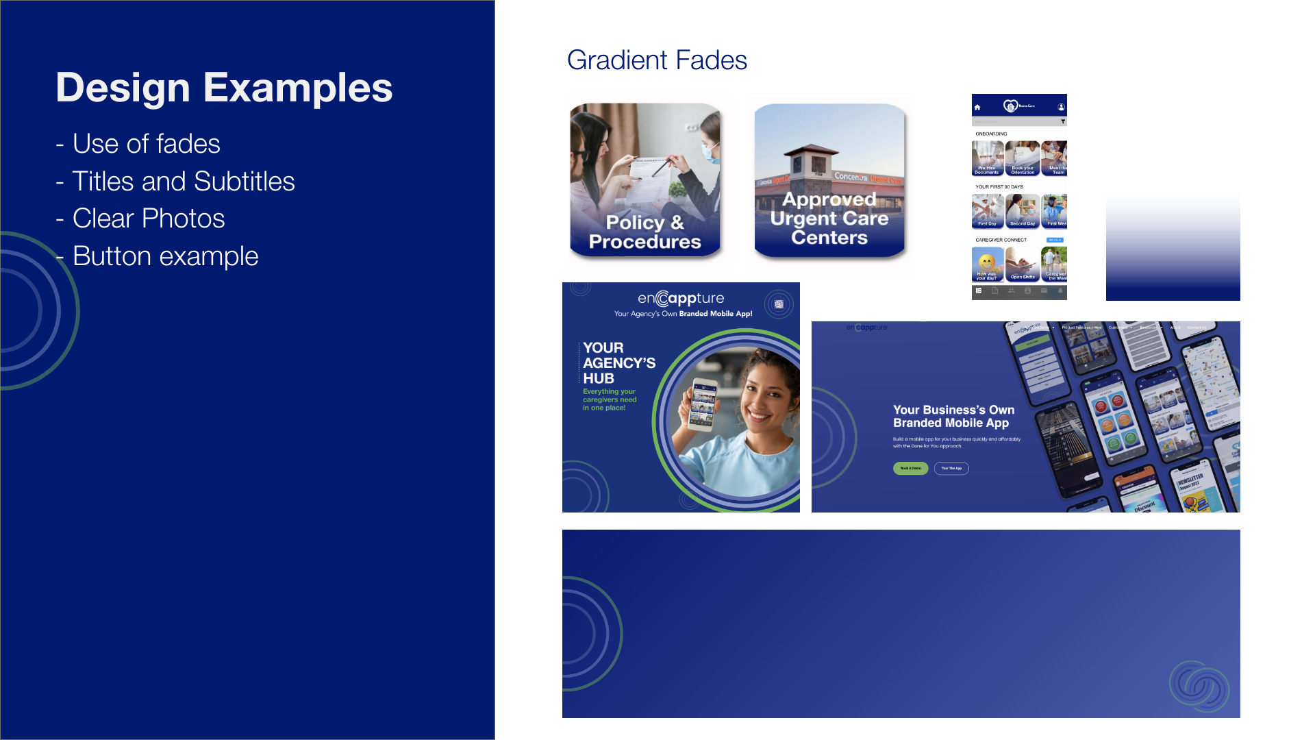 A presentation slide showing design examples of mobile app branding and usage, with a blue background, white and green text, and images of app interfaces and promotional materials.