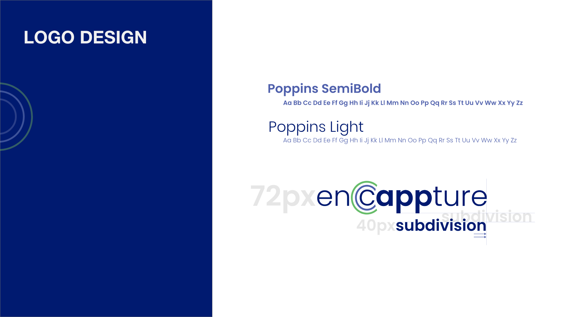 Presentation slide showcasing logo design with text 'encaptrue' and the words 'subdivision' and '72px' and '40px' in various fonts and styles, with a blue and white background.