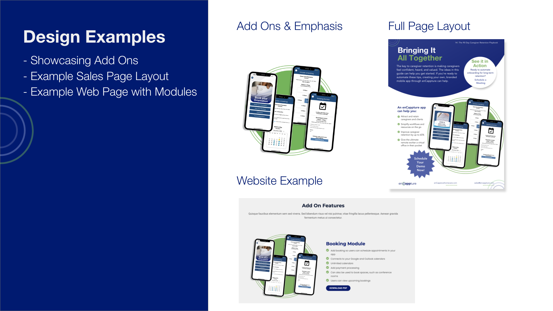 Slide with blue background and white text displaying 'Design Examples' and bullet points of sample website layouts showcasing add-ons, sales pages, and modules, alongside sample mobile app and webpage designs.