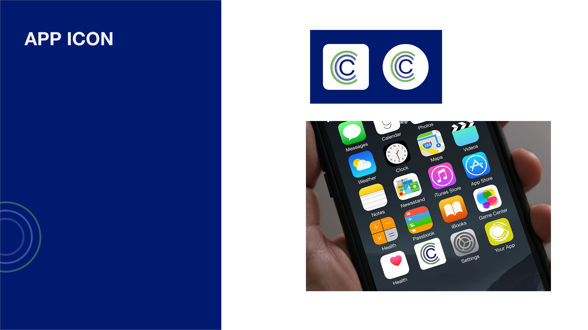 Close-up of a smartphone screen showing various app icons, including Messages, Calendar, Photos, Weather, Clock, Maps, Videos, Notes, Newsstand, iTunes Store, App Store, Health, Passbook, Settings, and a green app icon with a circular design.
