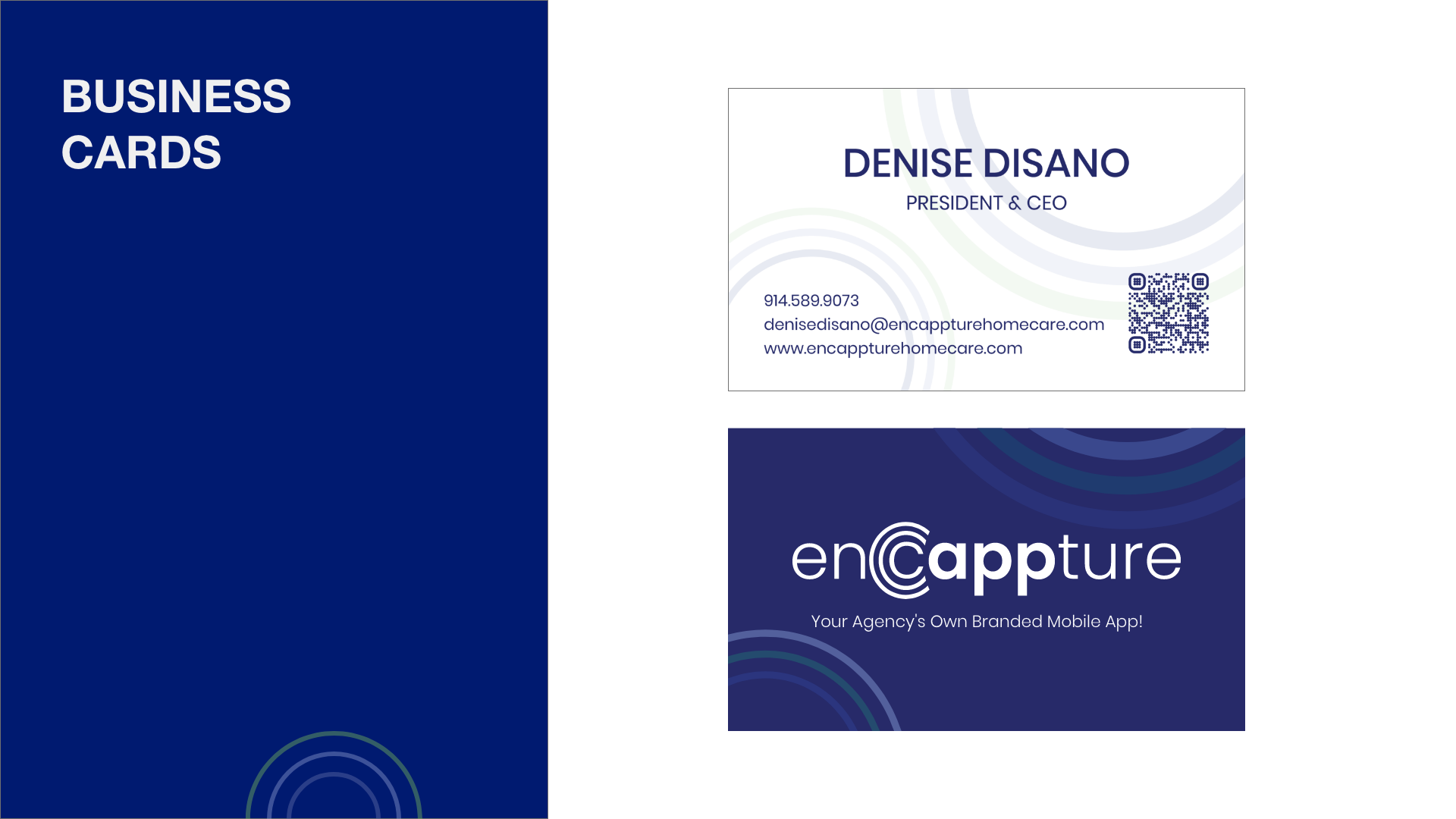 Business card template with the name Denise Disano, President & CEO, and contact information including phone number, email, website, a QR code, and the logo for encapture mobile app, with a blue and white color scheme.