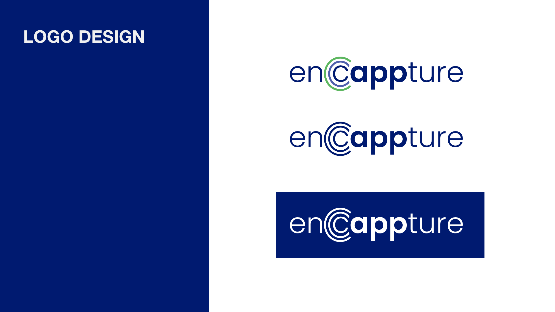 A presentation slide showing different logo designs for 'enCappure', with a blue tile on the left and the logos on the right. The slide is titled 'LOGO DESIGN'.