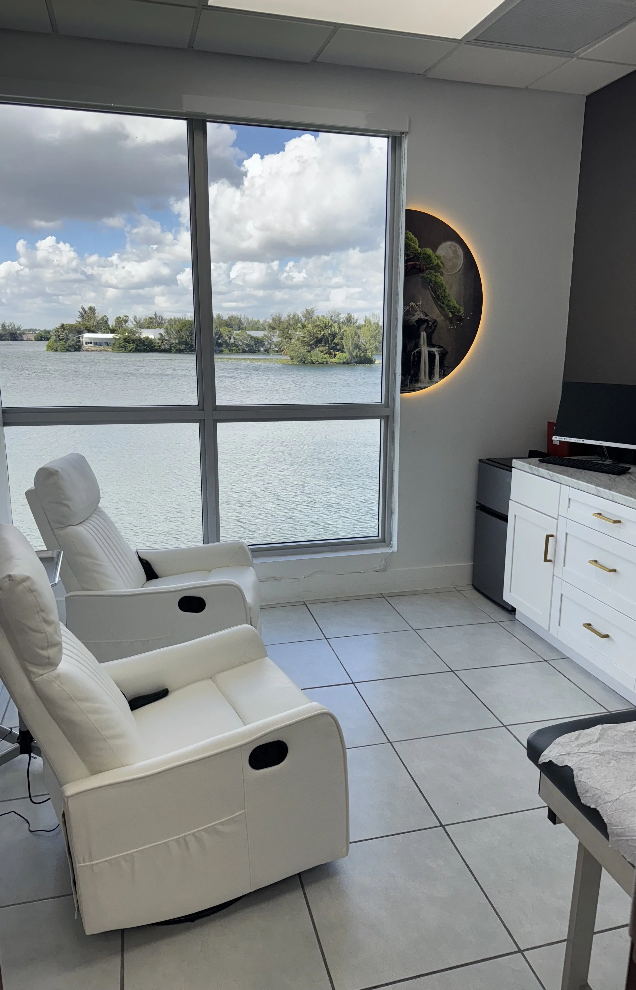 Miami clinic with white armchairs, a large window overlooking a body of water with trees and a building in the distance, and decor including a wall art.
