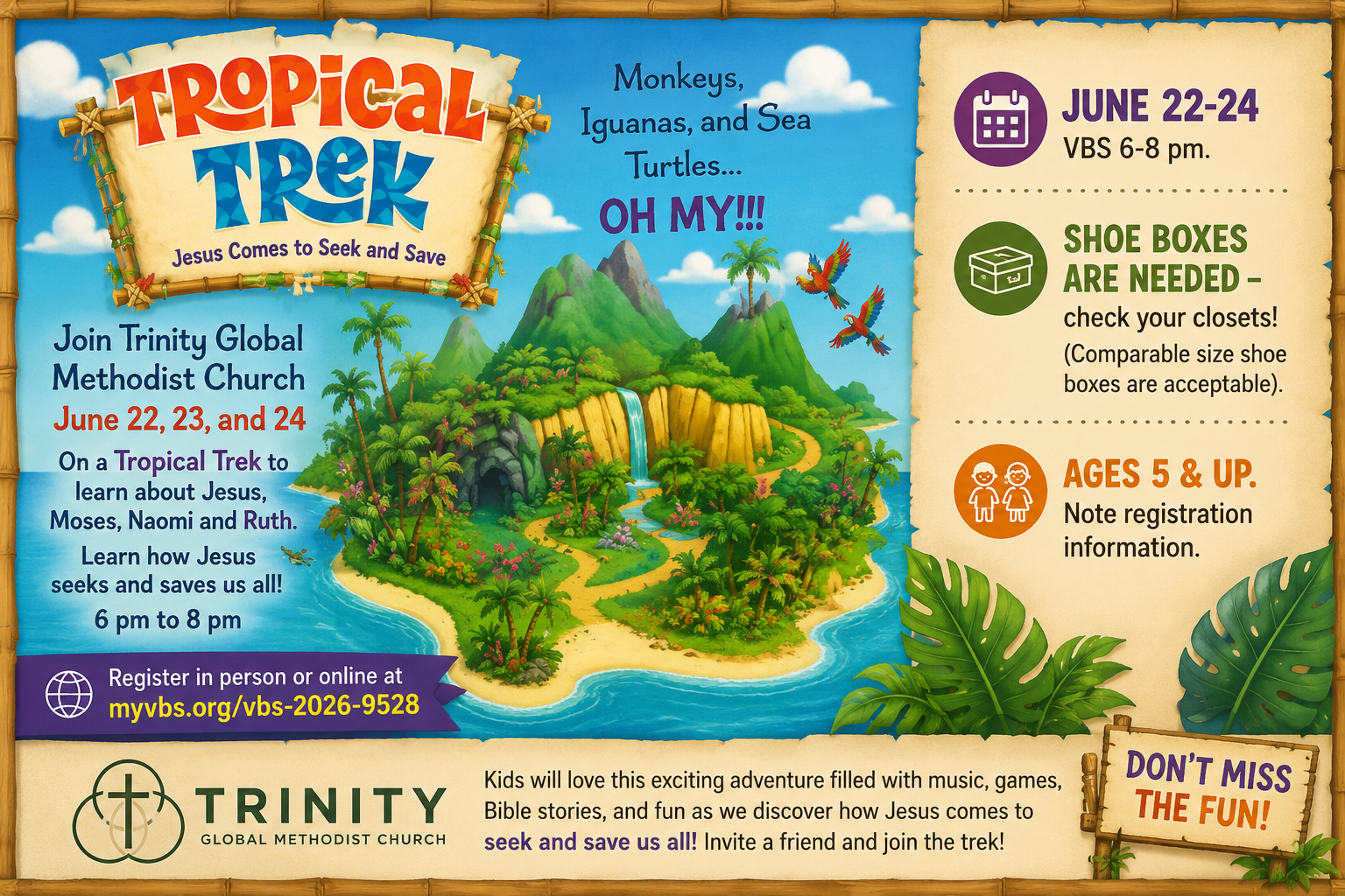 Join Vacation Bible School at Trinity Global Methodist Church in Frankfort, KY. Kids will enjoy faith, fun, music, crafts, games, and Bible stories in a welcoming environment.