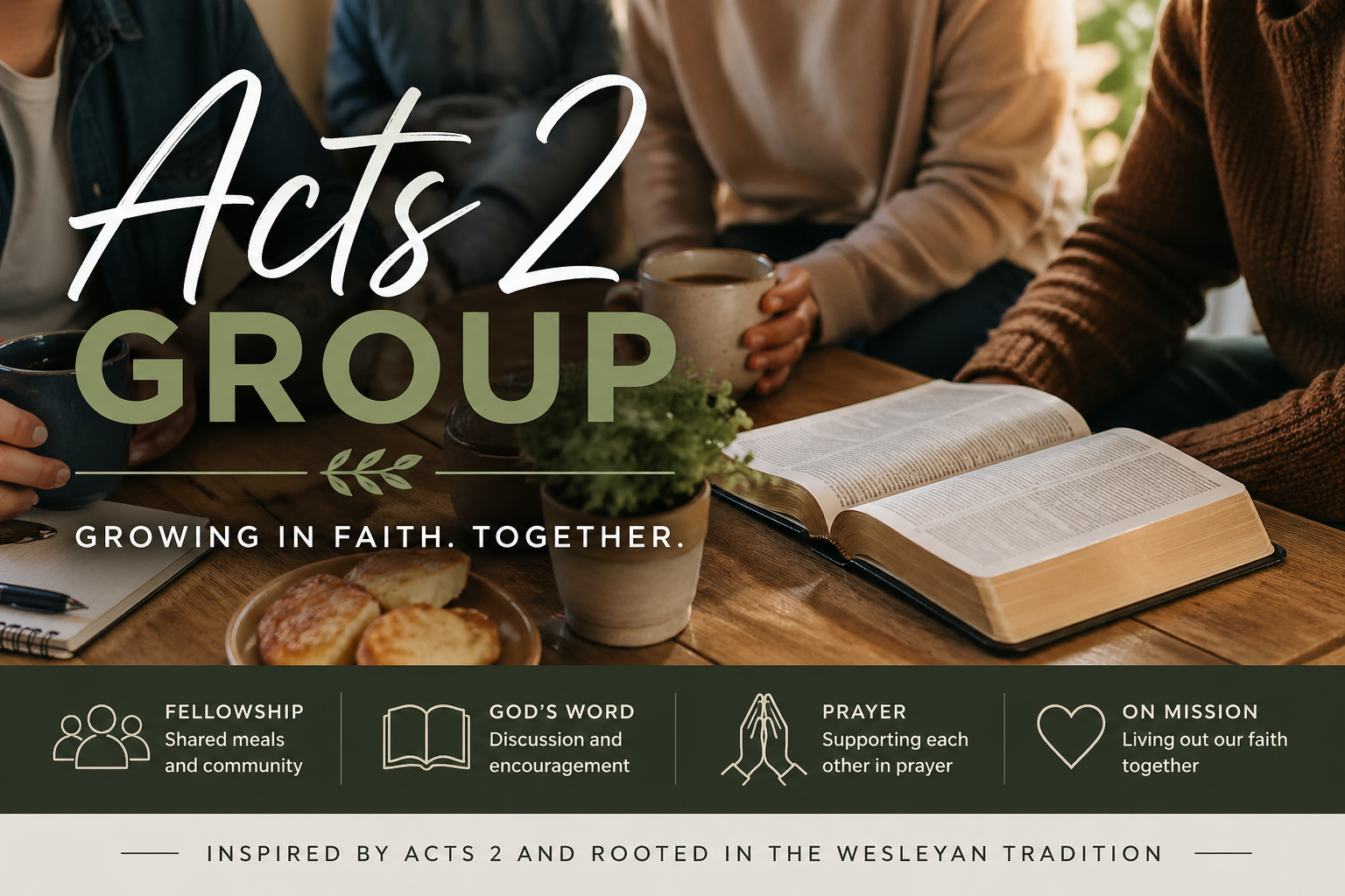 Discipleship group, Acts 2 group, Bible study, prayer, spiritual formation at Trinity Global Methodist Church.
