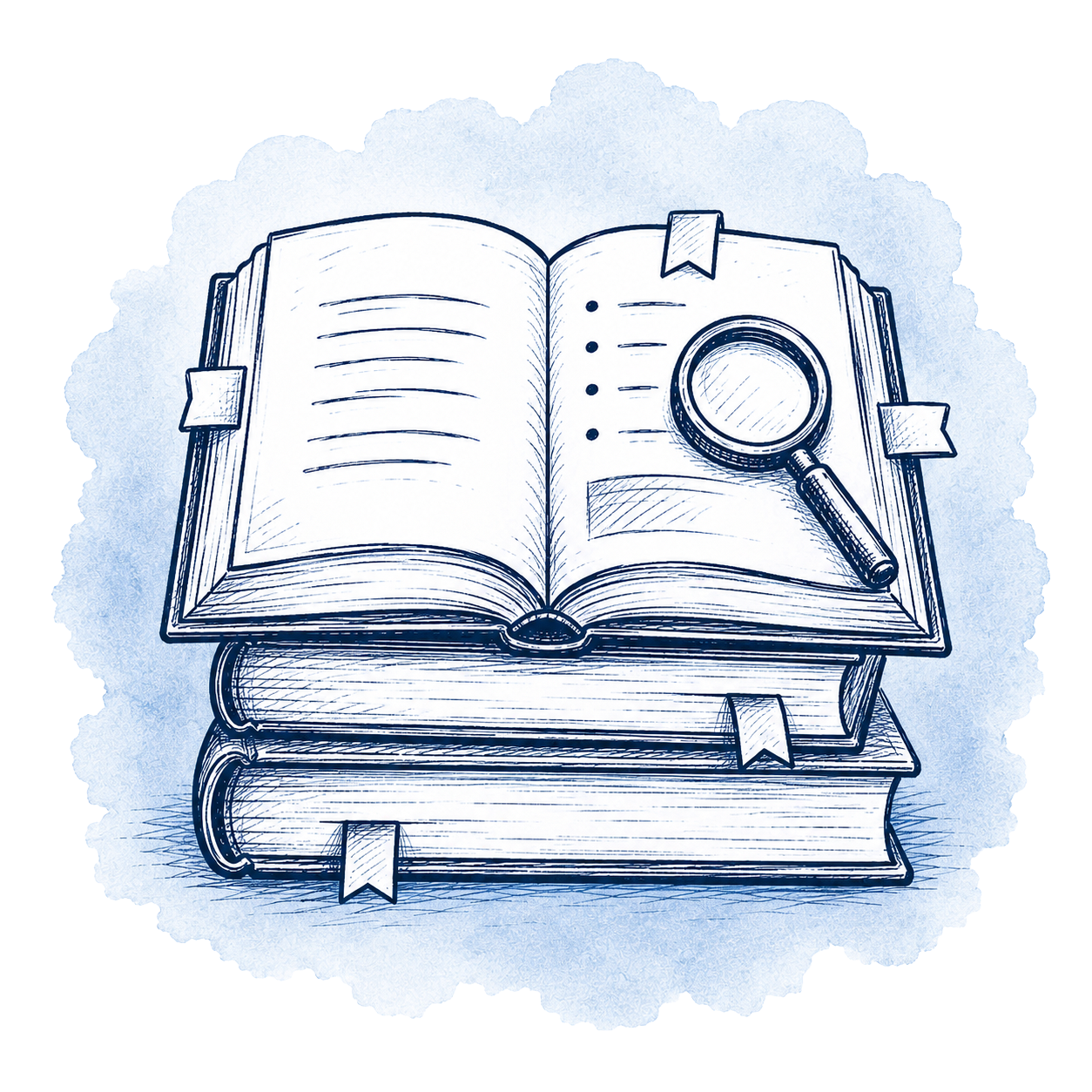 Illustration of an open book with sticky notes, a magnifying glass, and a pile of closed books underneath, set against a watercolor background.