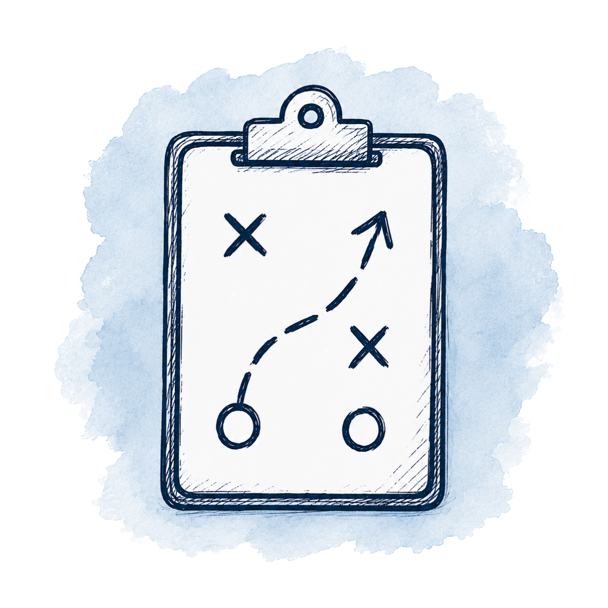 Sketch of a strategy diagram with X's and O's, connected by a dashed arrow, on a clipboard background.