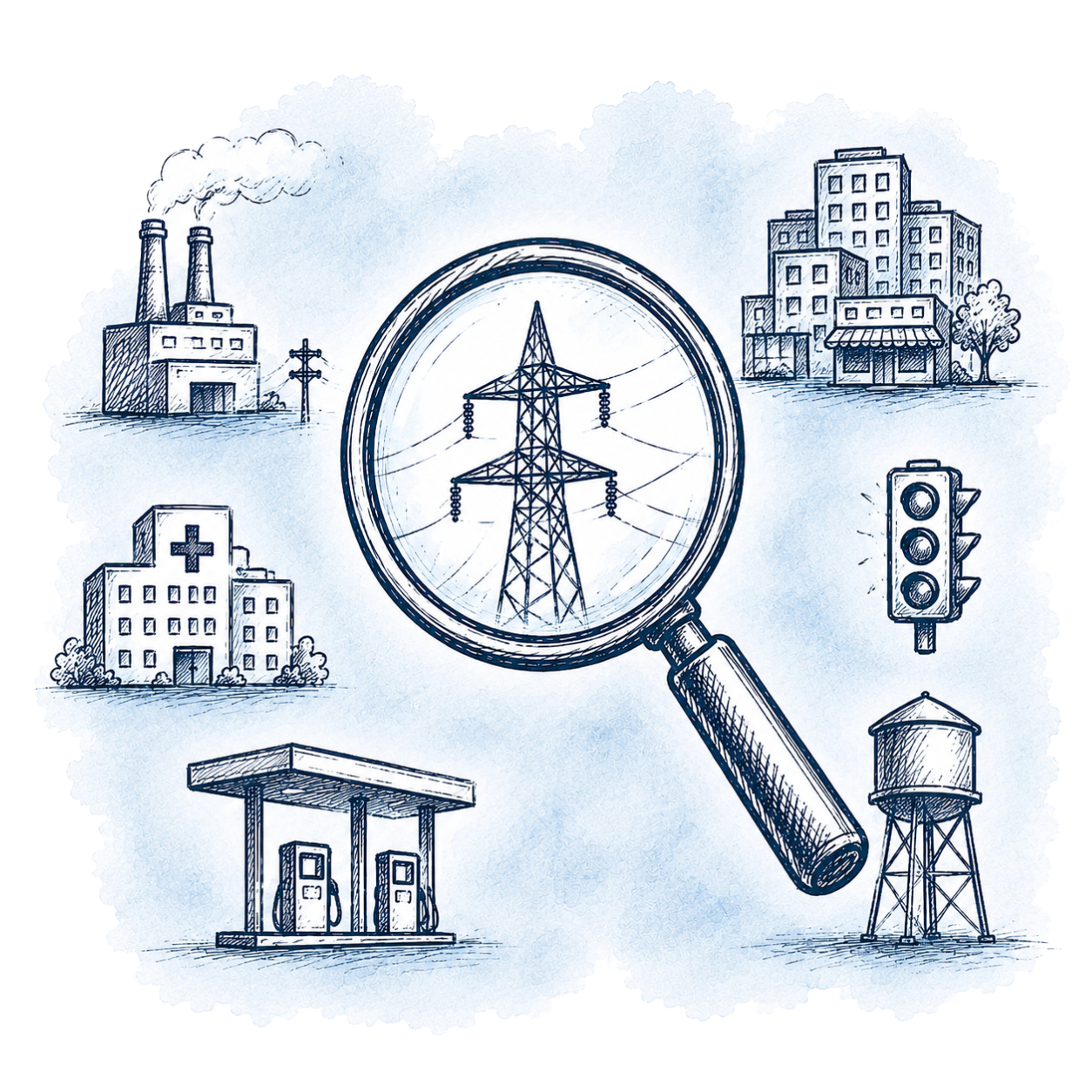 Sketch of a city with industrial factory, power lines, hospital, apartment buildings, traffic light, water tower, and a gas station, with a magnifying glass highlighting a transmission tower.
