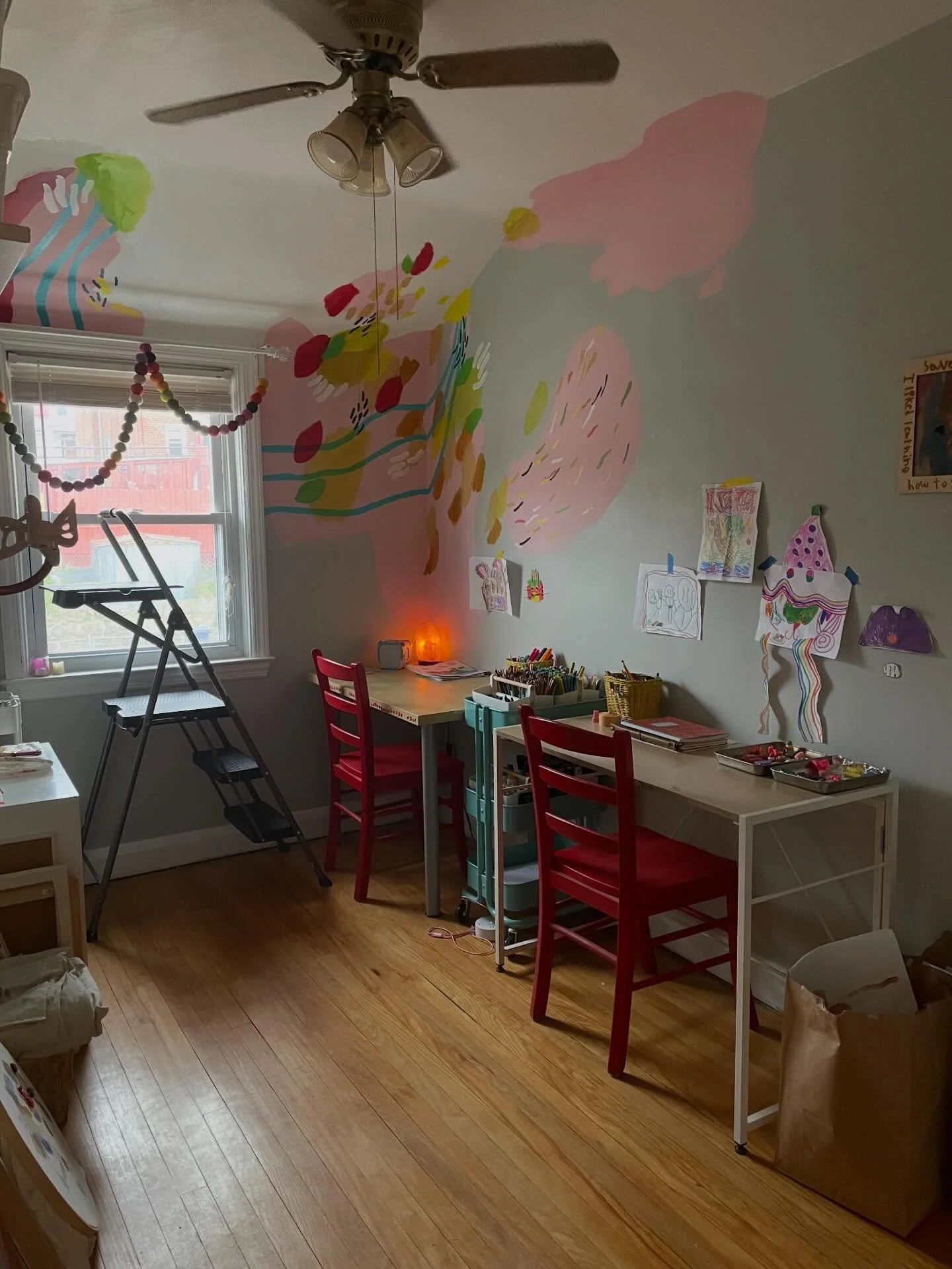 The studio space is really coming together 🥹 I&rsquo;m still working on the mural, but the bookshelf is up and our workspaces are looking good. This space is still the size of a walk-in closet and will more often than not look like a tornado came th