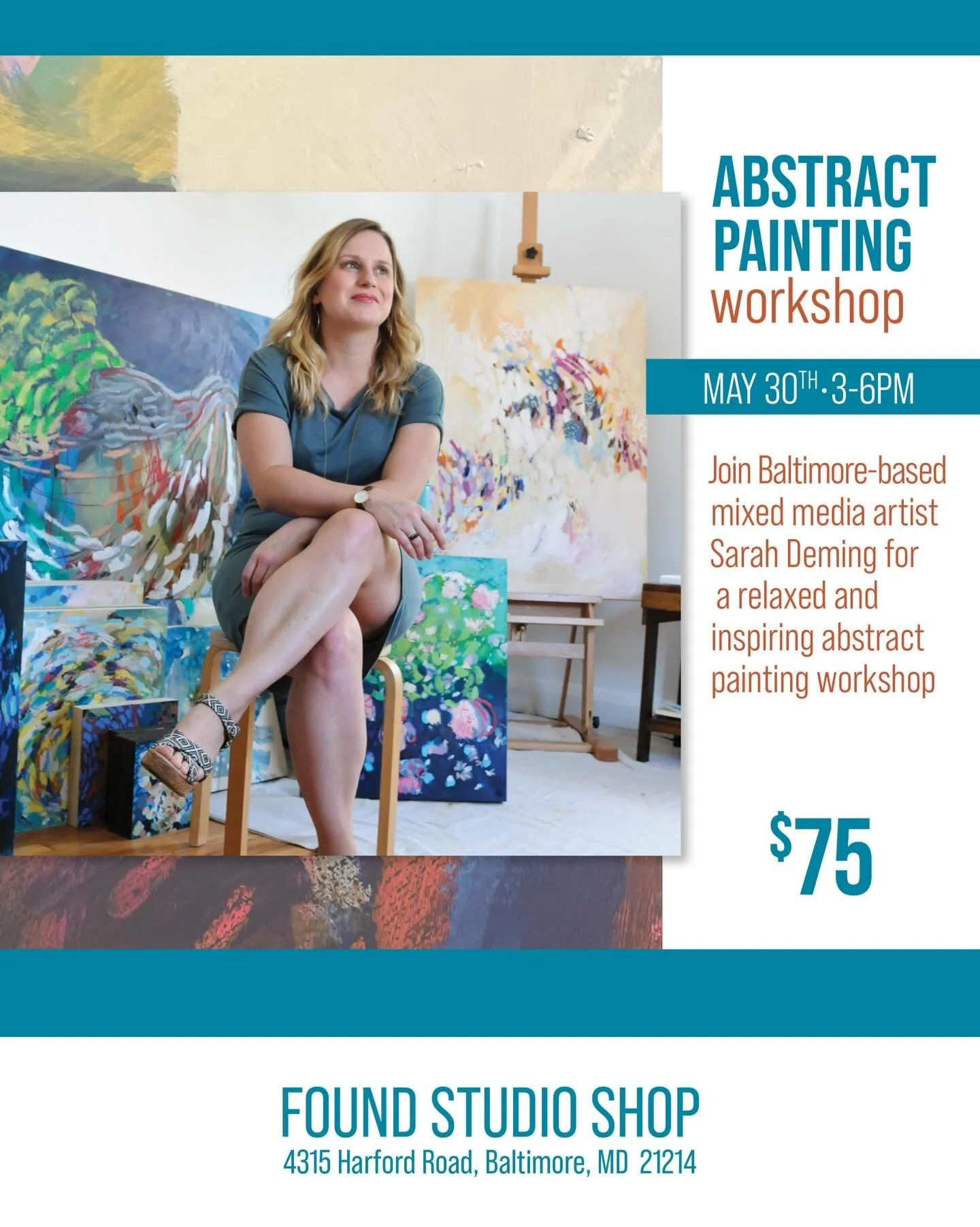 Spring has sprung and new workshops are here from @foundstudioshop !!! I&rsquo;ll be back in the shop teaching abstract painting again on Saturday May 30th. Come join me for a fun afternoon of play and experimentation with lots of colorful art suppli