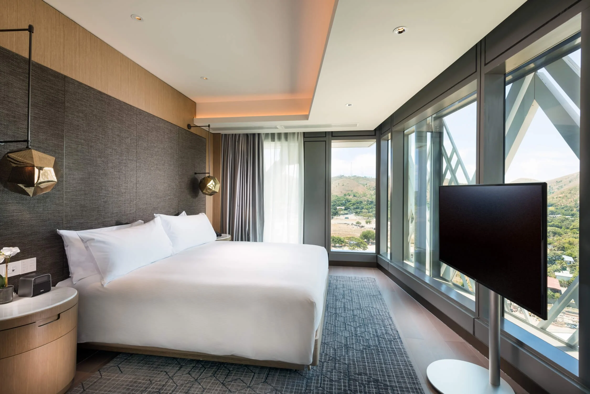 Modern hotel room with a large bed, a flat-screen TV, and a window with city and mountain views.
