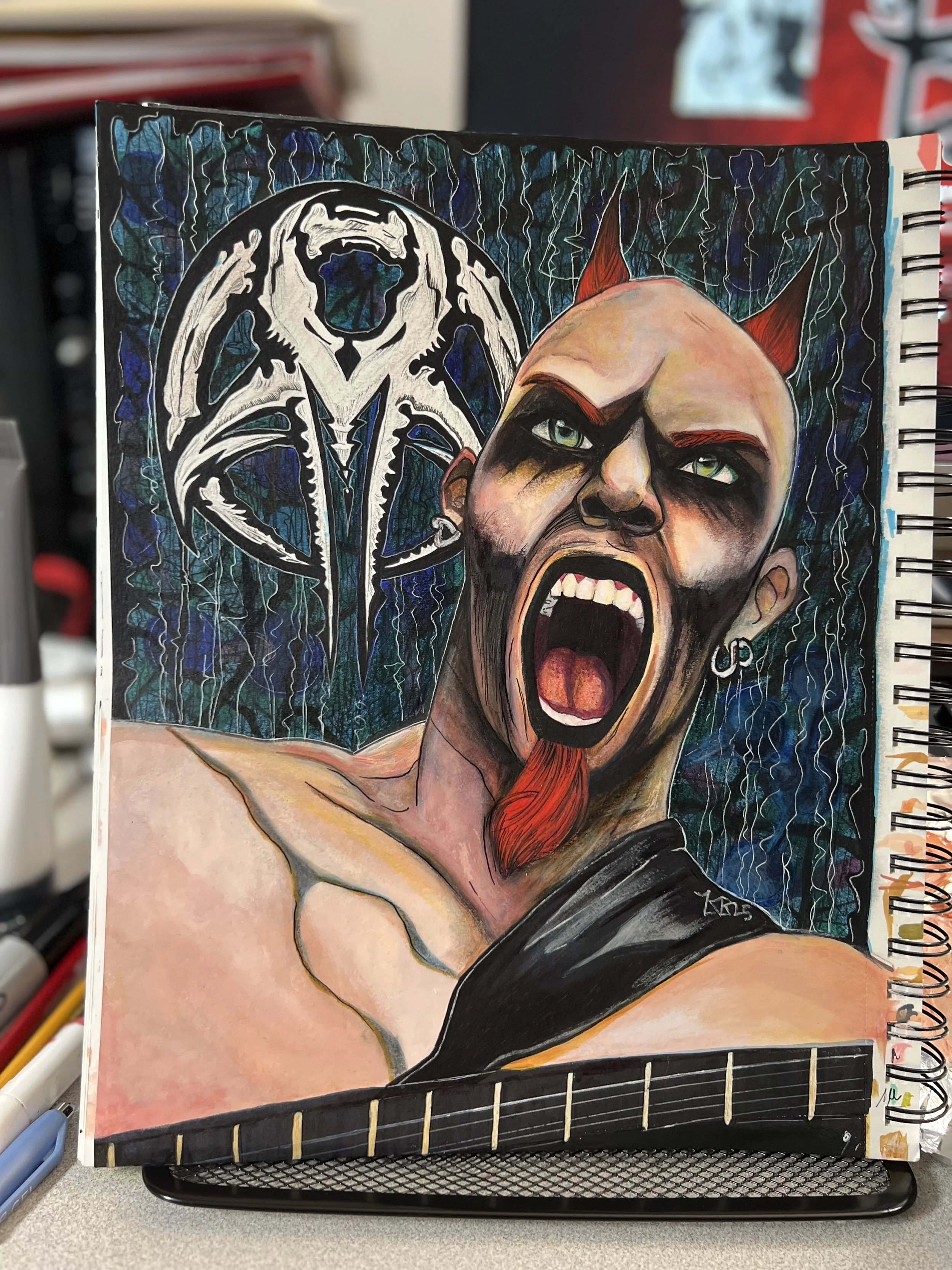 Ryan Martinie, Mudvayne Bassist, Mixed Media Illustration 9"X11" 2025
