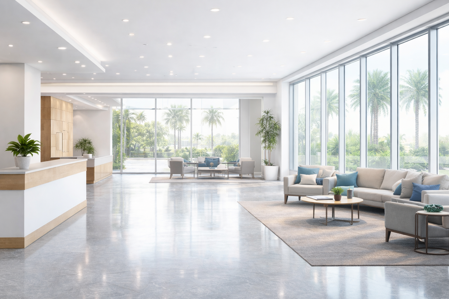 Bright, modern commercial facility lobby with clean floors, reception desk, and seating area