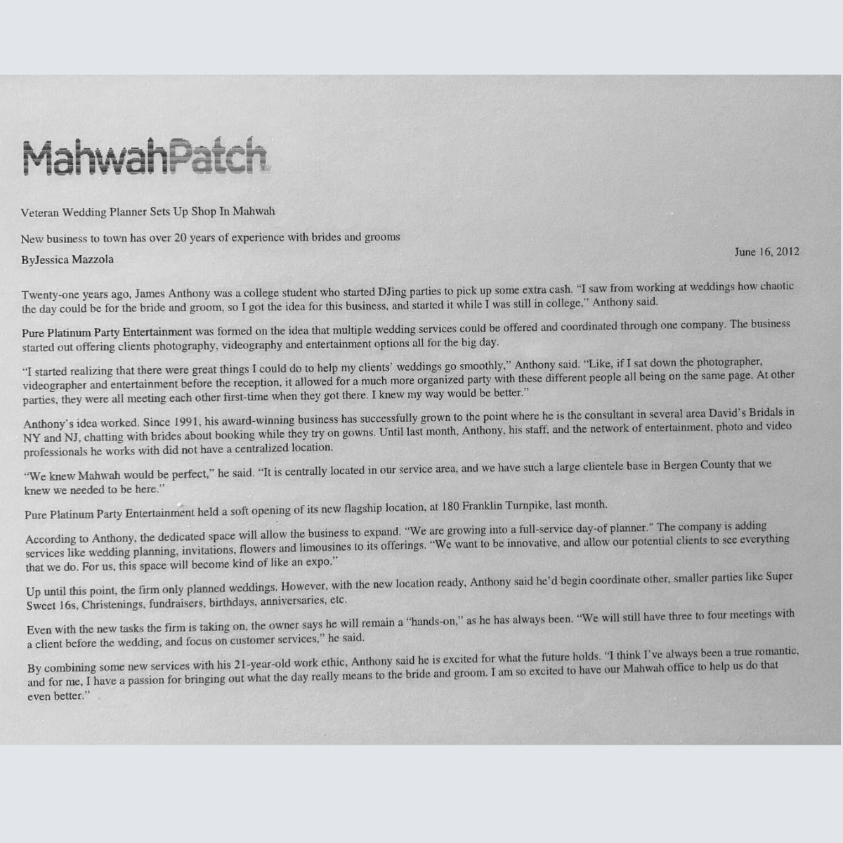 A newspaper article titled 'Mahwah Patch' about a veteran wedding planner, Jessica Mazzola, and her business success since 1991 in Mahwah, New Jersey. The article covers her career, events, and expansion of her wedding planning services.