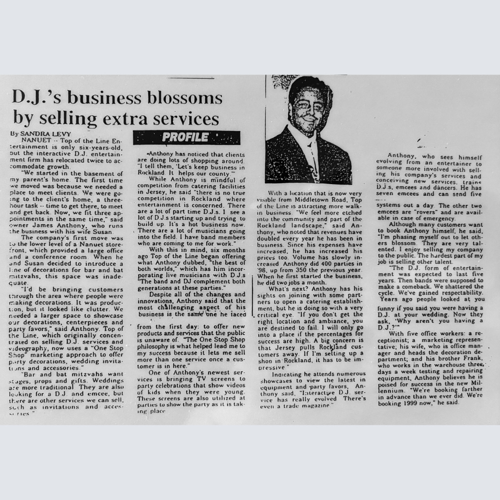 Black and white newspaper article titled 'D.J.'s business blossoms by selling extra services' with a photo of a man in glasses and a suit.