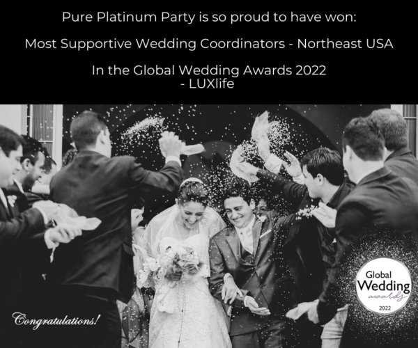 Black and white photo of a wedding celebration with a bride in a veil and groom in a tuxedo, surrounded by friends throwing confetti. Text overlay congratulates the couple for winning Most Supportive Wedding Coordinators at the 2022 Global Wedding Aw