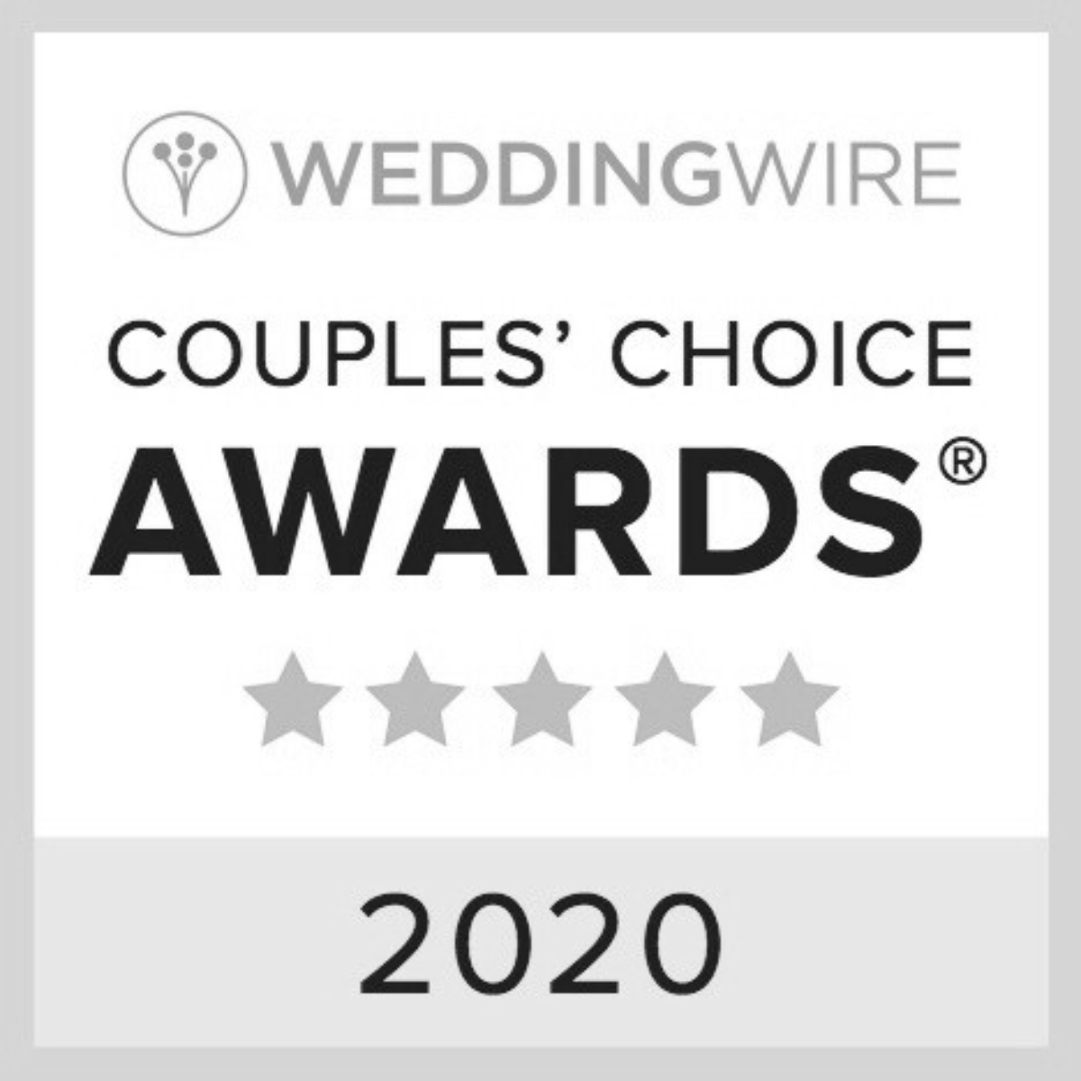 A black and white award badge from WeddingWire's Couples' Choice Awards for 2020, featuring five stars.