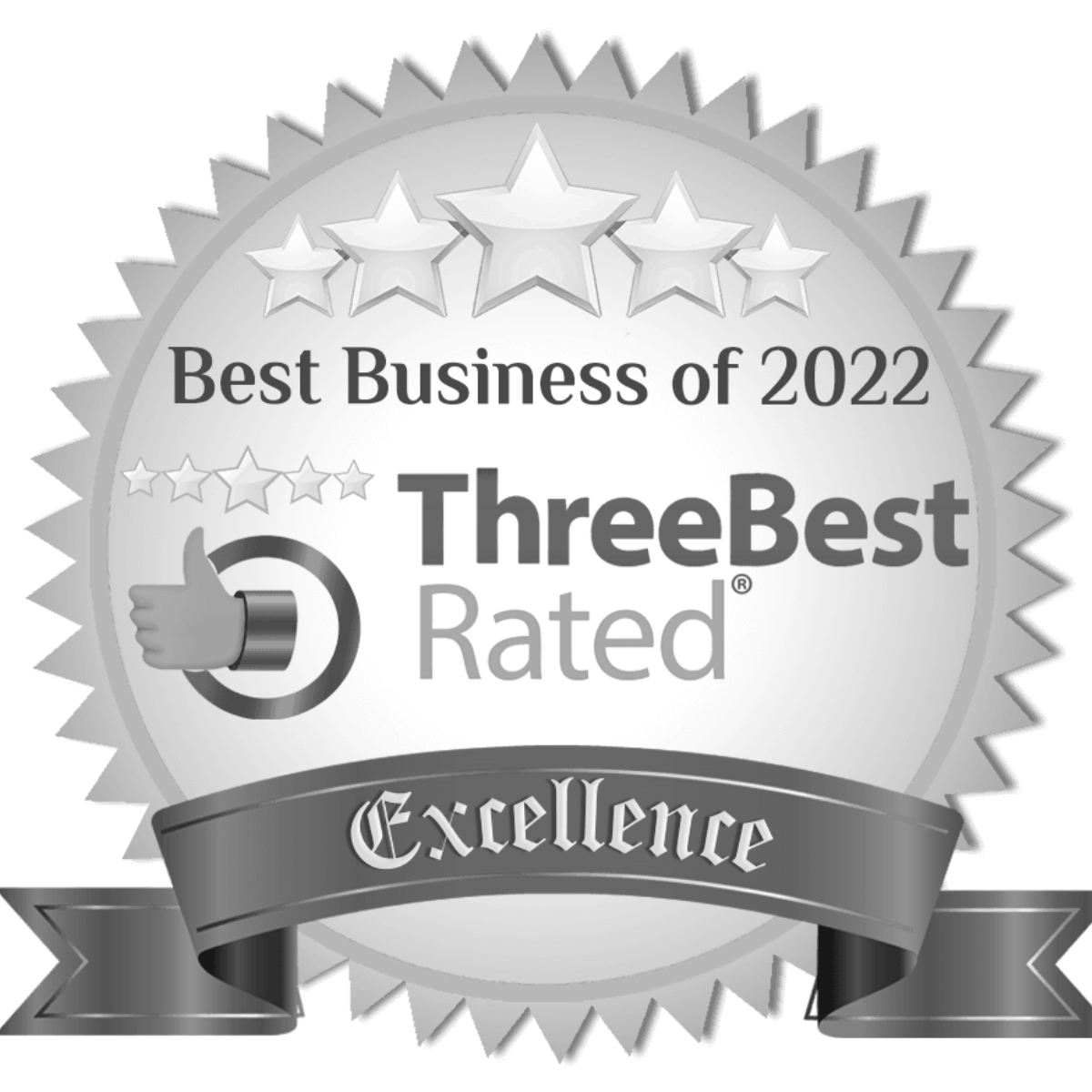 Silver award badge with stars, stating 'Best Business of 2022,' awarded to ThreeBest Rated, with a thumbs-up icon and a ribbon labeled 'Excellence'.