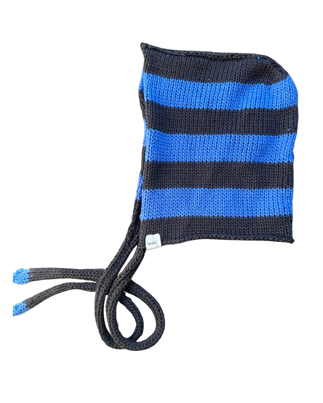 Knitted bonnet in blue/grey stripe