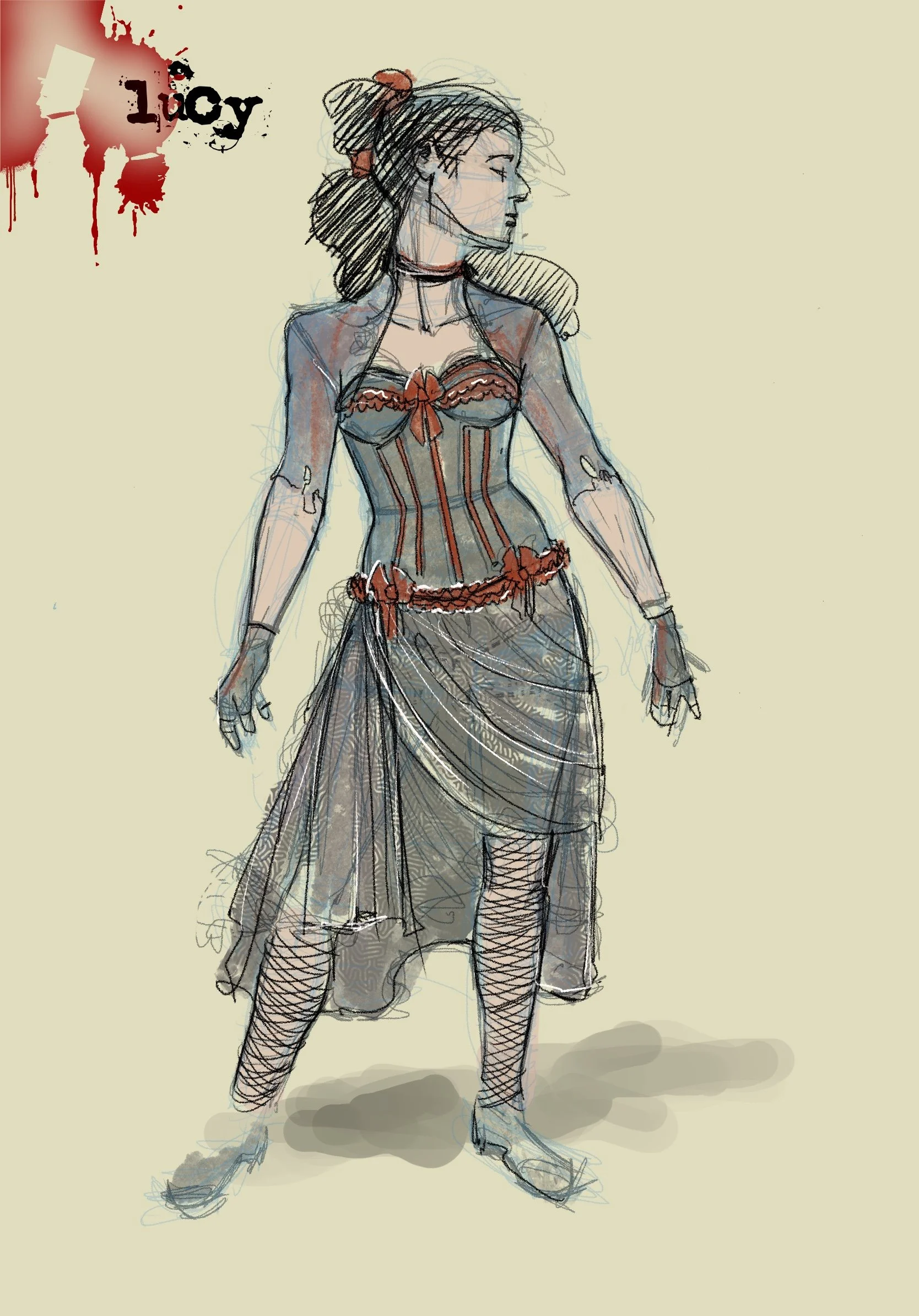 A fashion sketch of a woman wearing a corset-style top, a layered skirt, fishnet stockings, and heels, with her hair tied back and a choker around her neck.