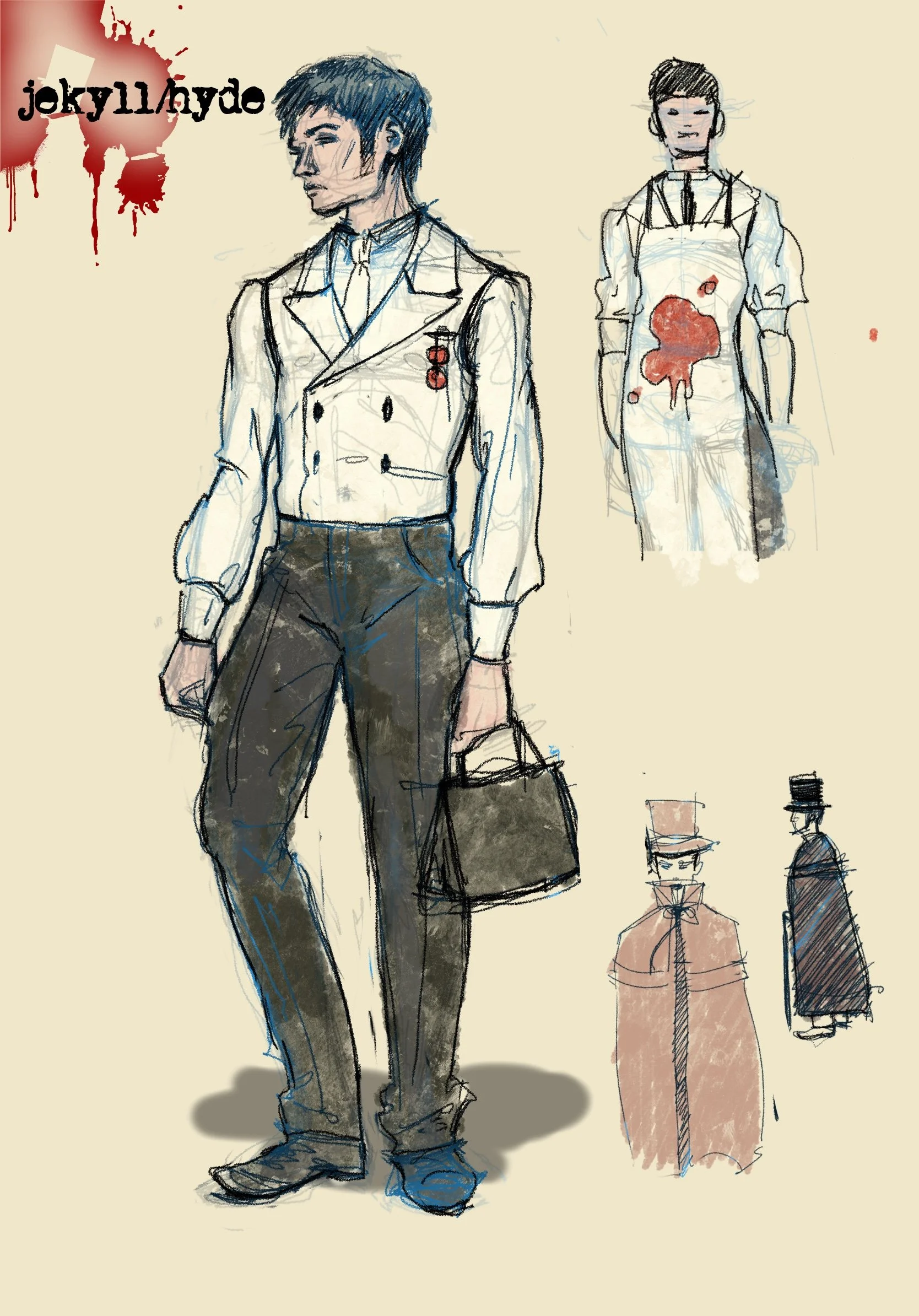 Sketch of a man in a vintage suit holding a briefcase, with additional sketches of a woman in a blood-stained apron, a person in a top hat and coat, and a figure in a large hat and coat, along with a blood splatter and the words 'joky11/hyde' at the 
