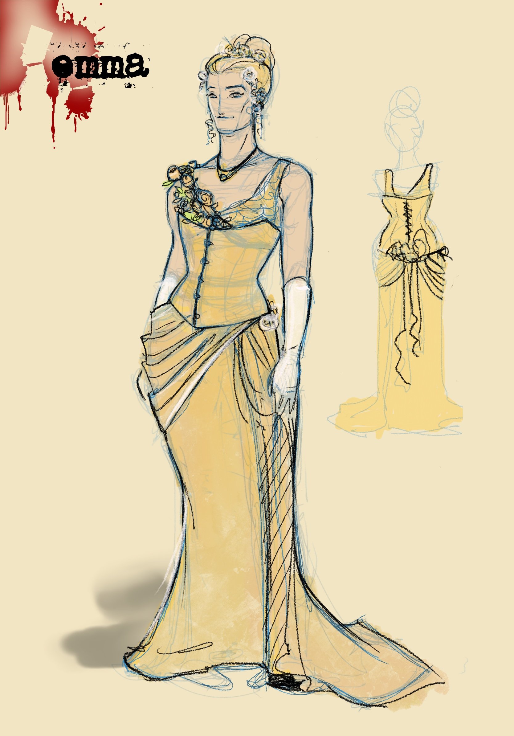 Sketch of a woman in a yellow gown, with a corset and draped skirt, holding the fabric. A dress design is sketched to her right.