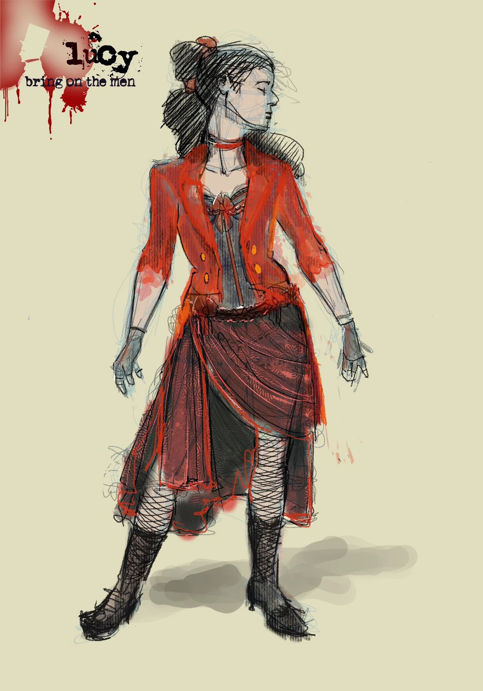 A sketch of a woman in a red jacket and a black and red layered skirt, with fishnet stockings and dress shoes. Her hair is styled in an updo, and she is looking to the side. The background contains a logo with the text 'Luci' and phrases 'bring on th