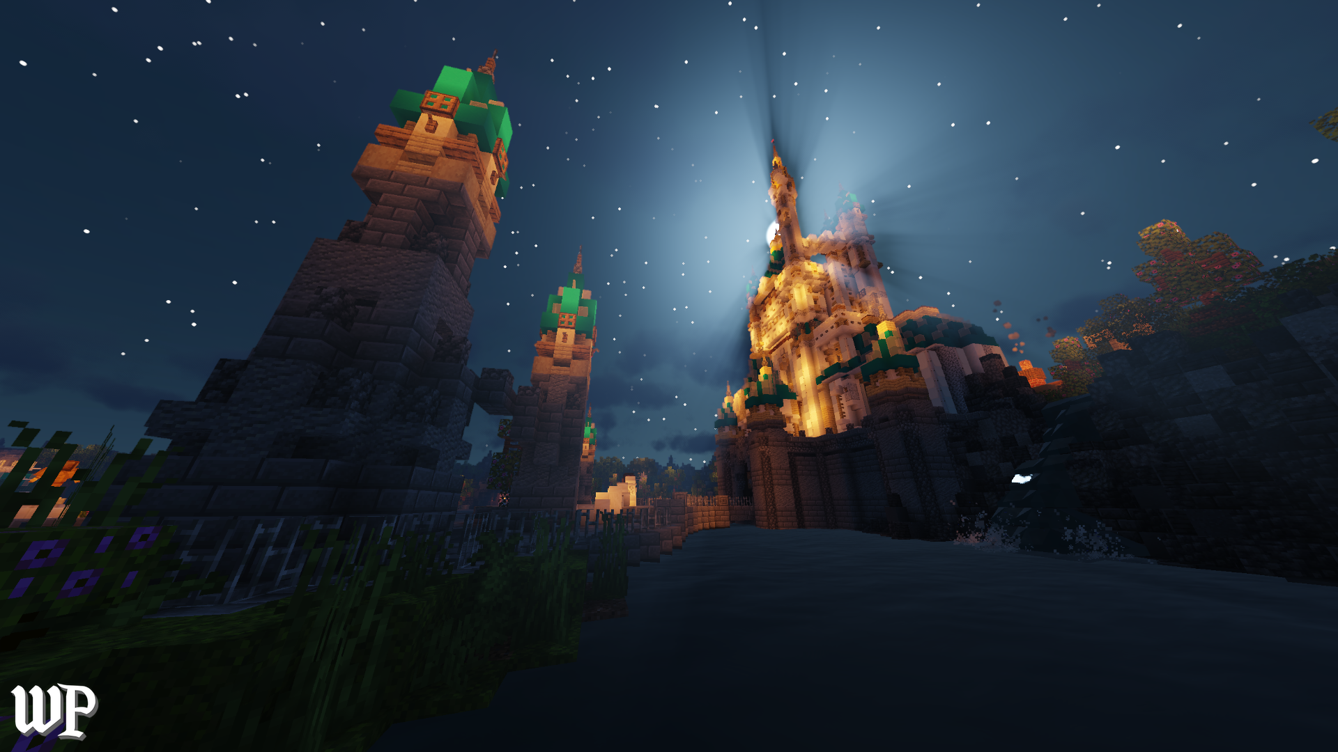A pixelated castle with tall towers lit by warm lights at night, under a starry sky, from the video game Minecraft.