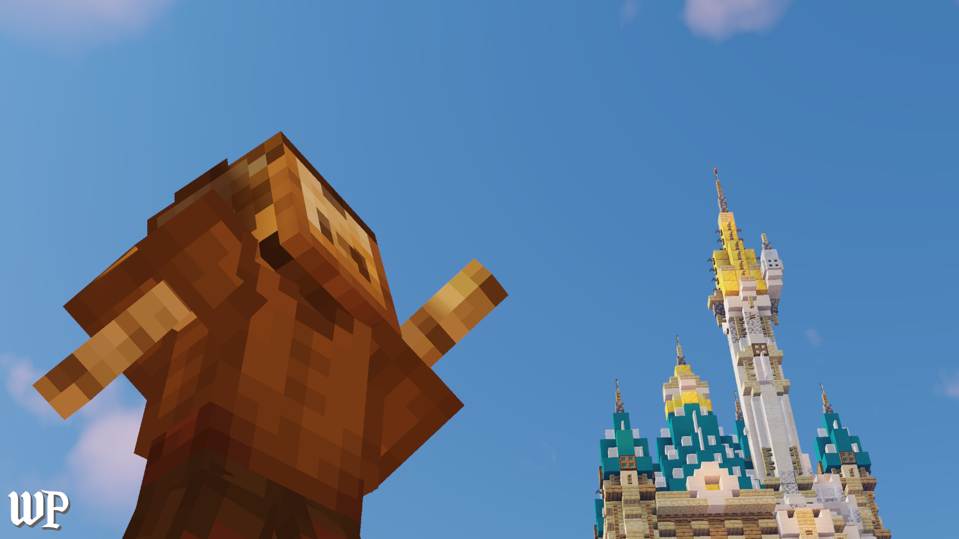A Minecraft character, a brown bear, is looking up at a Minecraft castle with blue rooftops and yellow spires, set against a blue sky with a few clouds.