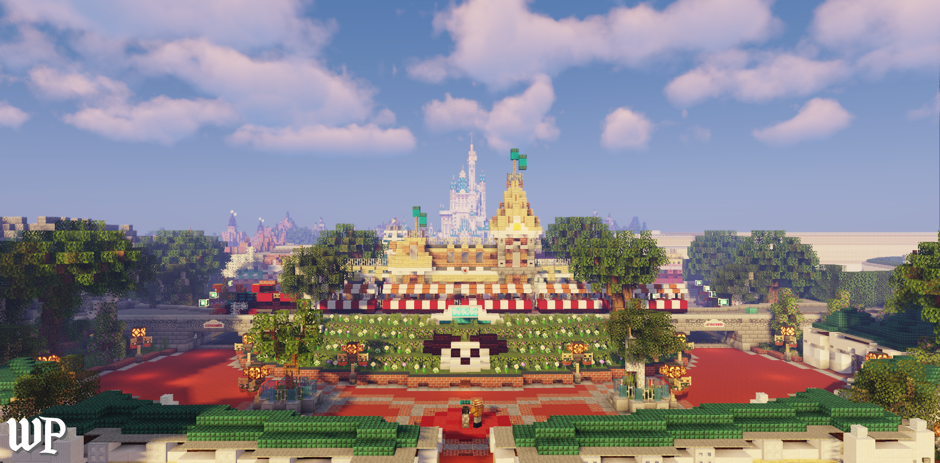 A Minecraft recreation of Disneyland's Sleeping Beauty Castle with trees, pathways, and themed decorations under a partly cloudy sky.
