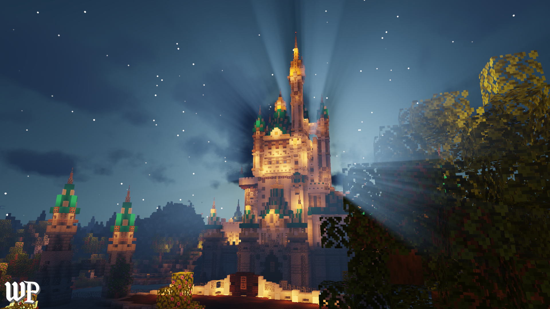 A digital Minecraft-style pixelated castle illuminated at night, with rays of light emanating from its tallest spire, surrounded by pixel trees and a starry sky.