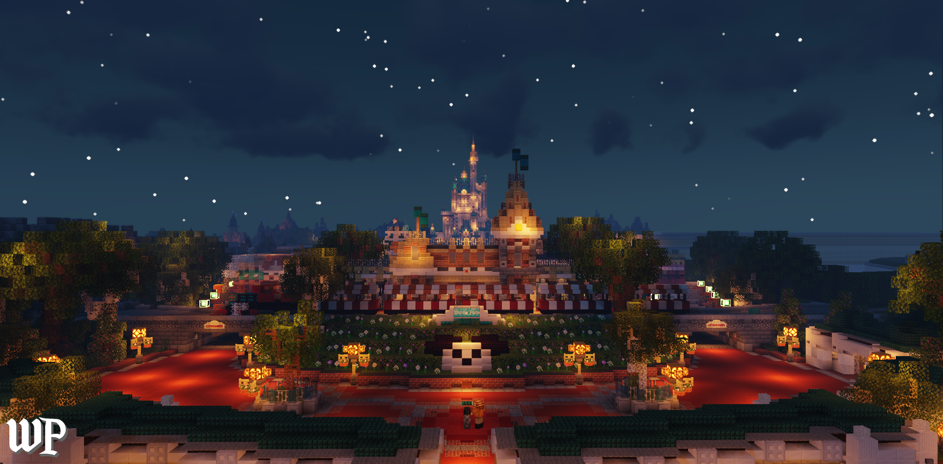Nighttime view of a castle in a Minecraft-style, surrounded by trees and lit pathways, with a starry sky overhead.