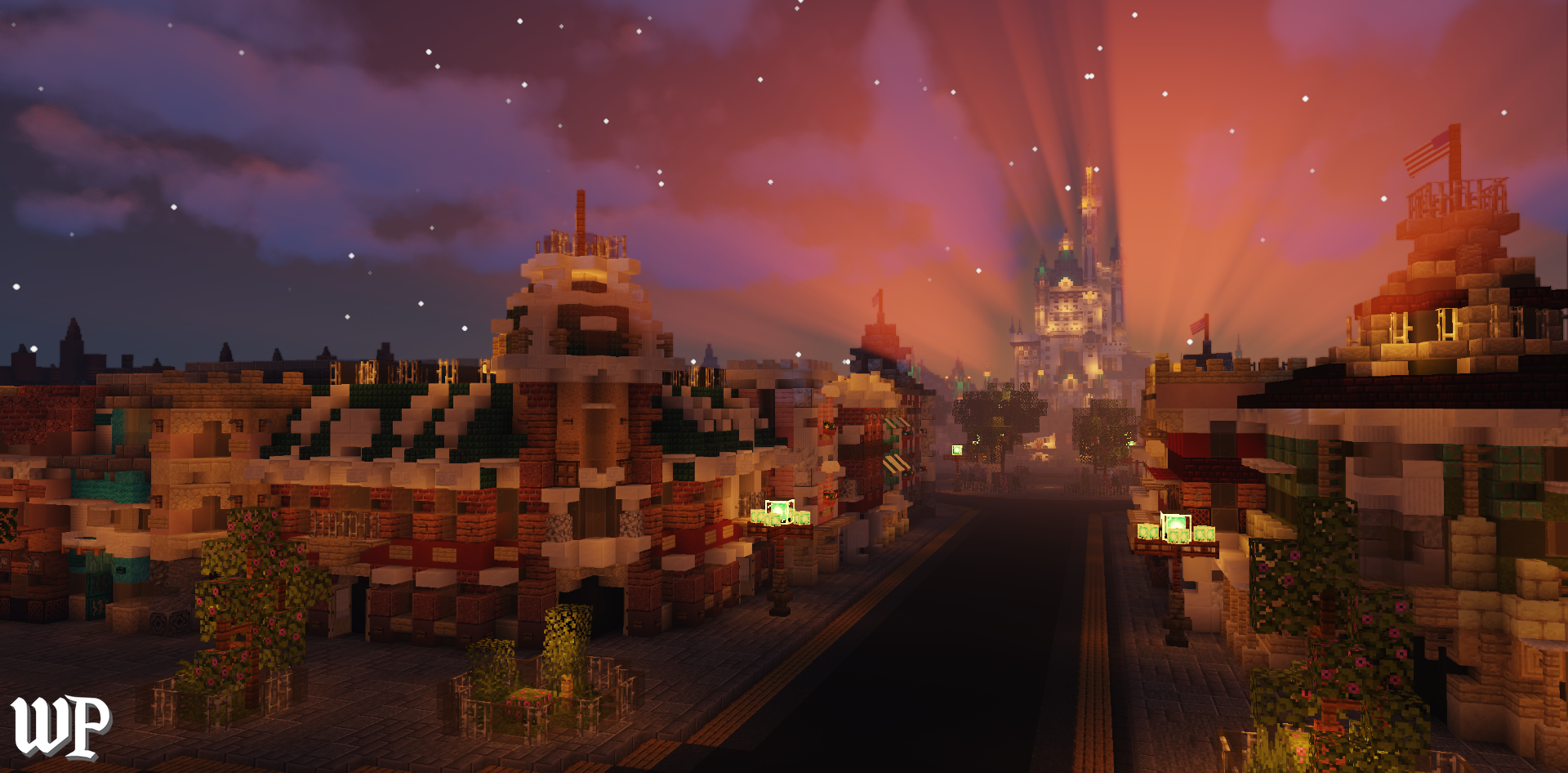 A Minecraft-style digital rendering of a Disney-themed castle in the background with surrounding buildings and streets during sunset, illuminated with lights and colorful clouds.