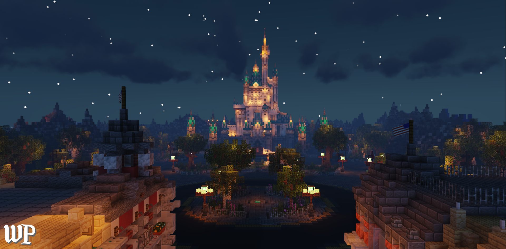 Pixelated digital rendering of a castle at night, with illuminated towers, surrounded by trees and lit pathways, under a cloudy sky with falling snow.