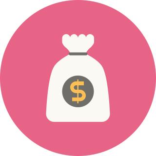 Illustration of a money bag with a dollar sign on it, set against a pink circular background.