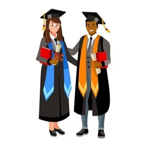 Two graduates in caps and gowns holding diplomas, standing together and smiling