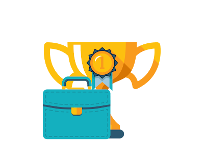 Illustration of a teal briefcase, a gold medal with a white number one, and a yellow trophy with a star on it.