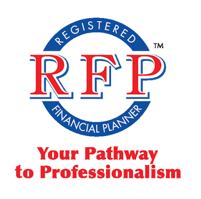 Logo with blue circle and red and blue letters RFP, stating 'Registered Financial Planner.' Below, red text reads 'Your Pathway to Professionalism.'