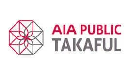 A logo with a geometric design in red and gray, and the text 'AIA PUBLIC TAKAFUL' in red and gray.