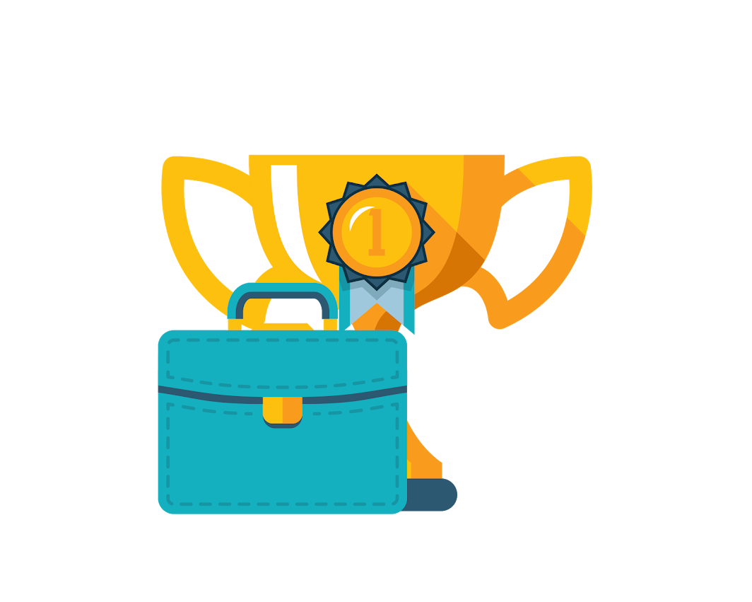 A blue briefcase with a gold latch, a first-place ribbon with a gold medal, and a colorful upward arrow in the background.