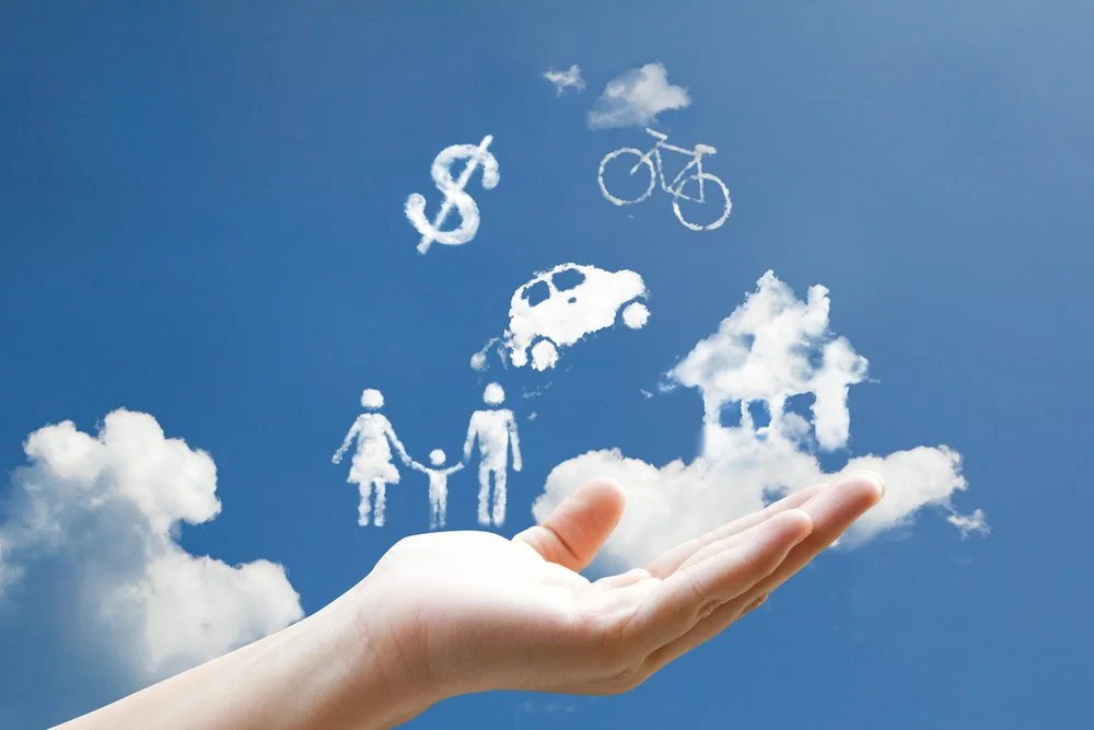 Open hand with cloud drawings above it, including symbols of a dollar sign, bicycle, van, family, house, and trees, representing financial security, transportation, family, home, and environment.