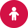 White silhouette of a child on a pink circular background.