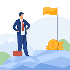 Businessman standing on a mountain holding a briefcase, with a flag and coins nearby, symbolizing success or achievement.