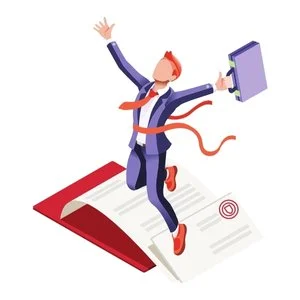 Illustration of a woman celebrating on a large open book, with her arms raised and a red scarf flowing behind her.