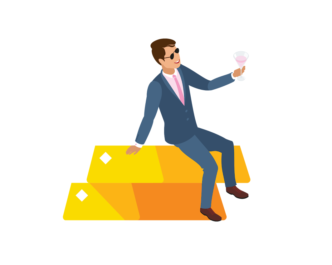 Stylized illustration of a man in a blue suit, pink shirt, and sunglasses, sitting on yellow stairs, holding a glass of pink wine.