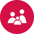 Icon of three people in white on a red circular background