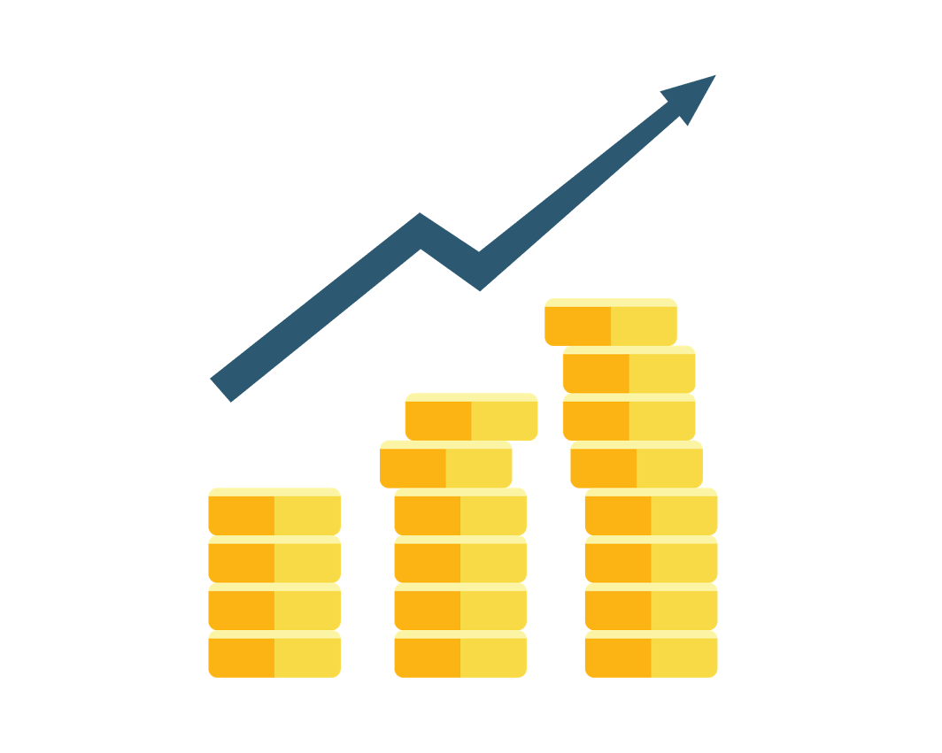 Stacked gold coins increasing in height with a blue upward trending arrow above them.